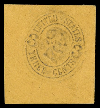 Undersander E25Bf, 1866 George F. Nesbitt & Co. 3c Lincoln essay, albino impression on orange diagonally laid paper, full corner cut square measuring 38x41mm, very fine the
only example recorded, as such the catalog value quoted in Undersan