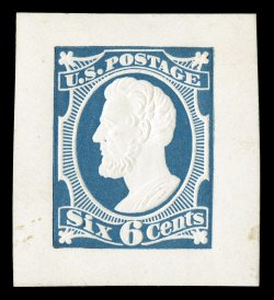 Undersander E38Ba, c, d, f, 1870 George H. Reay 6c Lincoln embossed essays, three different colors in cut square size, in pink, purple (small mounting thin) and blue, plus a
fourth on yellow brown but cut close to design (embossing cuts paper),