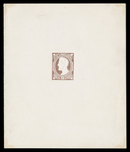 Undersander E38Baa, 1870 George H. Reay 6c Lincoln embossed essay in pink, an extremely rare full sheetlet bearing a single essay impression in the center of a 115x136mm
sheetlet (after folding), with watermark A. Pirie & Sons 1869, very fine