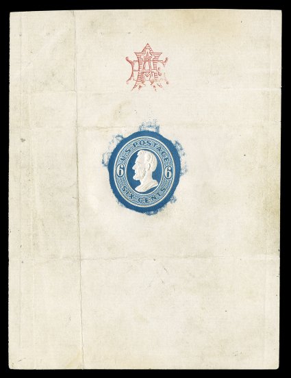 Undersander E38Cb, 6c Blue trial color large die proof, similar to previous lot, but this one with die impression in center of horizontally laid paper measuring 106x141mm,
watermarked A. Pirie & Sons 1869, in addition there is a red monogram a