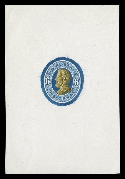 Undersander E38C var., 6c Blue trial color large die proofs, with bust andor numerals touched with gold or silver, an absolutely stunning group of four trial color large die
essays, each with uncleared surrounds, various sizes, each with either