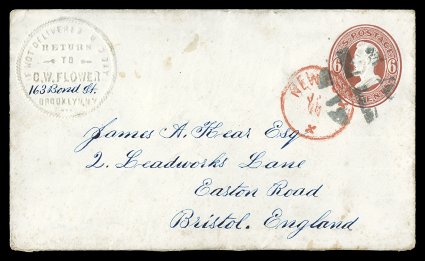 U85, 6c Dark red on white, used 1873 entire from New York City to Bristol, England, indicia cancelled by NYFM crossroads postmark, as well as red New YorkJan 11X origin
exchange c.d.s., most attractive colorless embossed circular retur