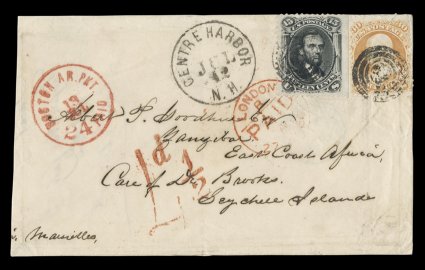 77, 15c Black, along with 30c Orange (71), the 15c being a huge straddle-margin copy, both tied to handsome 1866 Goodhue correspondence cover to Seychelles Islands by target
postmarks, Centre Harbour, N.H.Jul 12 c.d.s. alongside, address