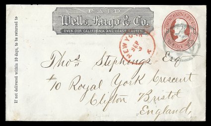 U85, 6c Dark red on white, attractive used 1873 entire from New York to Bristol, England, with nice strike of fancy geometric NYFM cancellation, matching red New YorkSep 3X
origin exchange c.d.s. alongside, Clifton transit and red Bristo