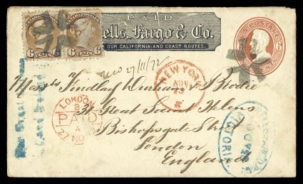 U86a, 6c Vermilion on amber, a lovely Wells, Fargo & Co. combination franking usage from Victoria to London, England, with printed Wells, Fargo & Co. imprint at top of entire,
additionally franked with two copies of Canada 6c Yellow brow