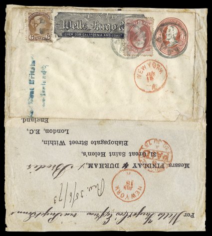 U86a, 6c Vermilion on amber, entire used in 1873 as a Wells, Fargo & Co. paste-up and pre-affixed to pre-addressed cover to London, England, additionally franked by combination
franking of United States 6c Carmine Lincoln (148) and Canada 6