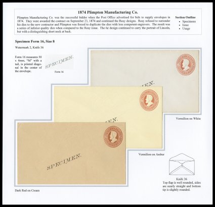 U181S-U184S, 6c Lincoln, Plimpton stamped envelopes, with SPECIMEN overprints, the marvelous mounted exhibition collection of an impressive 35 different envelopes collected by
the various forms and sizes, in addition to the various colors of t
