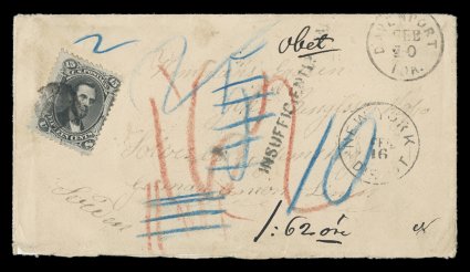 77, 15c Black, centered to right, tied by small cork cancel, with matching Davenport, Ioa.10 c.d.s. to 1869 (?) cover to Solvesborg, Sweden, New YorkFeb 16Direct c.d.s. and
Insufficiently Paid straightline handstamp, numerous blue a