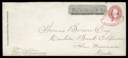 U181-U182a, 6c Lincoln, Plimpton stamped envelopes, with Wells, Fargo & Co. printed franks, a scarce group of nine entires all used domestically, six of the nine are legal
sized entires, excellent range of cancels including Tombstone, Arizona,