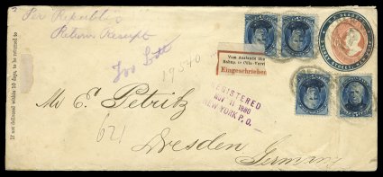 U182, 6c Red on amber, legal size entire with Seebeck advertising collar surrounding the indicia, used to Dresden, Germany and uprated with a horizontal pair and a single of
the 1879 5c Blue Bank Note, all cancelled by double oval New York p