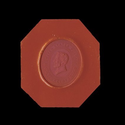 Undersander E102Da, 1899 Plimpton and Morgan 4c Lincoln stamped envelope essay, wax proof, a most unusual and striking die impression of the essay design in red sealing wax,
very fine the only recorded example.