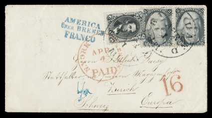 77, 15c Black, along with 2c Black (73), a single of the former and a horizontal pair of the latter, tied to fresh small 1867 cover to Zurich, Switzerland by two neat Highland,
Ill.April large size town postmarks, red N.YorkBremen PkA