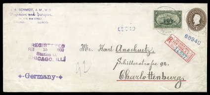 U374, 4c Brown on white, handsome used registered legal size entire from Chicago to Charlottenburg, Germany, uprated with an 1898 50c Trans-Mississippi (291) and tied by
ChicagoIll. double oval postmarks, violet four-line RegisteredFeb