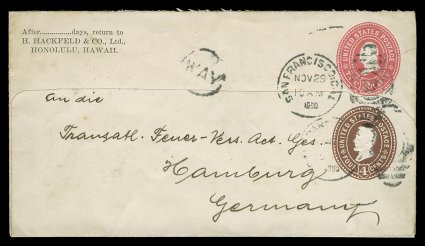 U374, 4c Brown on white, portion of entire cut down and pasted together with 2c Carmine stamped envelope (U362) to overpay by 1c the 5c UPU rate to Hamburg, Germany, a way
usage from Honolulu, Hawaii, as entire was carried privately to Sa