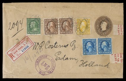 W376, 4c Brown on manila wrapper, a lovely and colorful registered usage from Chillicothe, Ohio to Edam, Holland, uprated with horizontal pairs of the 4c and 5c 1909
Imperforates (343, 346), along with singles of the 1908-09 1c (331) and 10c (