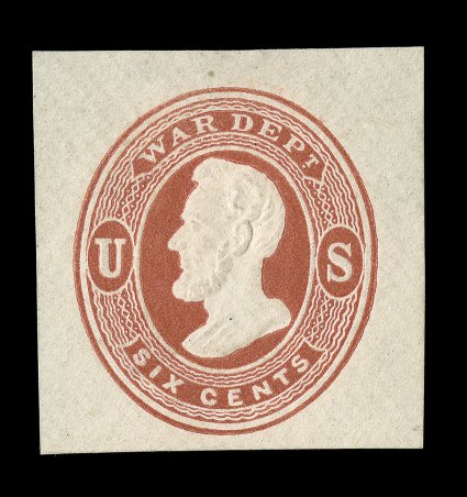 UO24, 6c Dark red War Dept. on cream, mint cut square, measuring 33x33mm, strong detailed embossing on fresh paper, very fine a choice example of this official cut square
rarity only the fourth such example we have offered in over 15 years 19