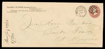 UO24, UPSS WD15, 6c Dark red War Dept. on cream, die WD4, size 21, knife 98, wmk. 2, used entire, an immensely rare example, whose number known is even more scant than mint
examples, of the seven recorded examples of the Scott UO24 entire, o