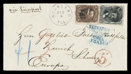 77, 15c Black, along with 5c Brown (76), used together on especially neat and clean 1868 cover to Zurich, Switzerland and cancelled by segmented cork postmarks, clear small
Highland, Ill.Feb 4 c.d.s. just to left, manuscript Via Liverpo