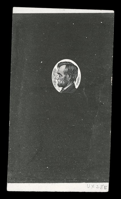 UX28E, 1917 (1c) Lincoln postal card, vignette essay in black, on thick paper measuring 46x83mm, depicting an unfinished vignette in small oval and with unclear surround,
801532 Bureau control number handstamped on reverse and with Dec 20, 19