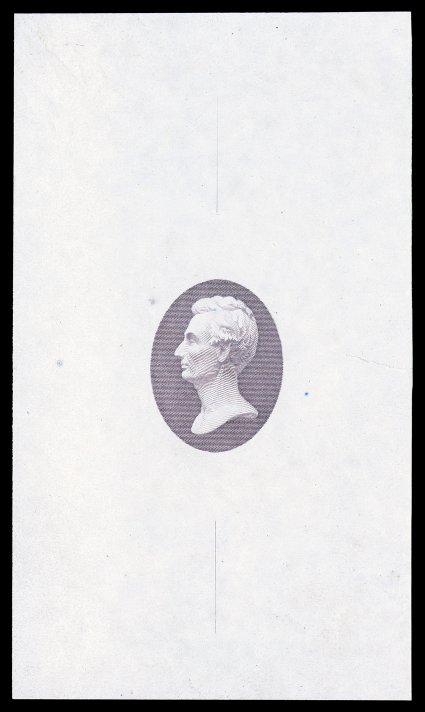 Turner Essay 15b (Scott 206-E5), Lincoln head vignette, large die essay in Dull purple on white glazed paper, measuring 54x93mm, unlisted in this color in Turner in this size,
small tear at right, very fine appearance.