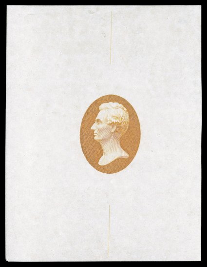 Turner Essay 15c (Scott 206-E5), Lincoln head vignette, large die essays in Orange, Dark orange and Brown on white glazed paper, three different each being in a bit larger size
than typically encountered, Brown measuring 49x57mm, Dark orange 52x