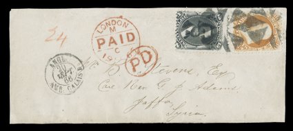 77, 15c Black, along with 30c Orange (71), about fine singles of each, tied to petite 1866 cover from Boston to Jaffa, Syria by circle of wedges postmarks, paying the 45c
British mail rate via Marseilles, red Boston Am. Pkt7 Sep c.d.s. o