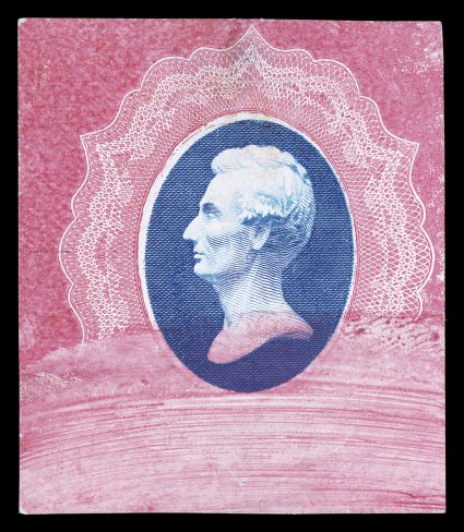 Turner Essay 16a, 16b, Lincoln head vignette, die essays with surface printed frame (without inscription) in fugitive ink on white glazed paper, five different, includes three
different colors all cut square (Orange and dark blue, Deep rose and b