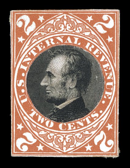 Turner Essay 39, 2c Lincoln U.S.I.R. 1875 Revenue Stamp Completion essays on thick white paper, the two color combinations as listed in Turner (Carmine and black, Olive green
and black), with central Lincoln vignettes pasted on, small mounting th