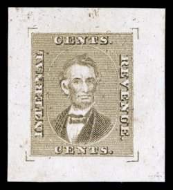 Turner Essay 52b, Lincoln portrait essay (no denomination) of unknown origin in brown on thick wove paper, wide margins all around and showing full guide corner lines, very
fine and rare.