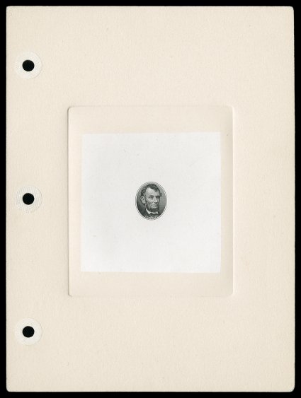 R224E, Lincoln vignette large die essay as used on the 1915 $60.00 Documentary issue, inscribed Lincoln at bottom of vignette, in black on India paper die sunk on full size
three-hole punch BEP card measuring 151x203mm, bearing Engravers Sto