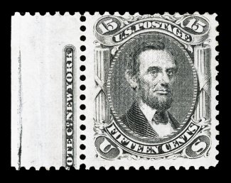 91, 15c Black, E grill, a visually appealing example of this rare mint stamp, being a left sheet-margin partial imprint single, showing a large portion of the National Bank Note
Co. imprint, rich color, attractively centered, full o.g. with a