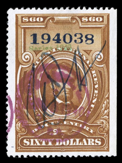 R283, $60.00 Brown, handstamped Series 1940 in green, handsome used example with central purple handstamp, manuscript and three small punch cancels (which have been neatly
filled in), deep rich color, well centered, choice very fine ex-Bufo