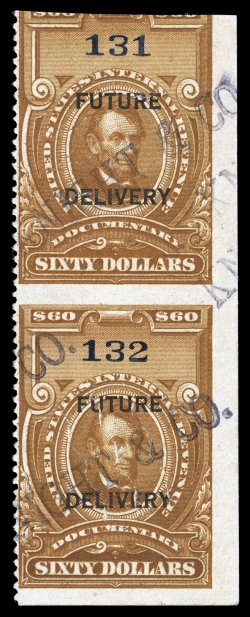 RC18a, $60.00 Brown, overprinted FutureDelivery, vertical pair, imperforate horizontally, an enormously rare example of this variety, used, deep rich color, neat black
handstamp and cut cancels, top stamp just cut into at top presumably due t