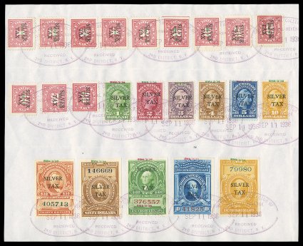 RG1-20, 22, 23, 26, 1934 1c-$1,000.00 Silver Tax overprints cplt., the $100.00 value being the 1936 wide spacing variety, all neatly positioned and tied to a 8 34 x 7 piece of
paper by multiple clear strikes of Office of the Collector ofI