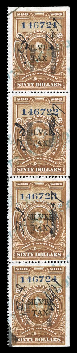 RG20 var., 1934 $60.00 Brown, overprinted Silver Tax, additionally handstamped FutureDelivery, a showpiece vertical strip of four (complete sheet) of this extremely rare
provisional issue, rather well centered, deep rich color, manuscript a