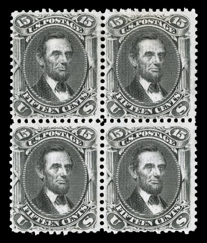 91, 15c Black, E grill, an impressive mint block of four, wonderfully fresh overall, deep rich color and strong impression on crisp paper, quite well centered for this
notoriously difficult issue, full o.g., clearly defined grills, top pair wi