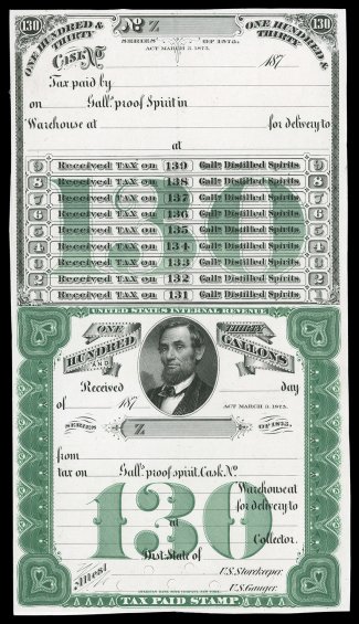 Turner Plate Proofs A-10A-15, 10 gallons to 130 gallons Series of 1875 Distilled Spirits stamp plate proofs, each with Lincoln vignette, on India, each mounted on card, a total
of twelve different values, several of which are unlisted in Turne