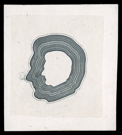 Turner S-2b, Lincoln engraved profile essay for 1870 snuff issue, engraved head design facing left, in black on India paper mounted on small card measuring 49x55mm, very fine
and extremely rare used as illustration in Turner book.