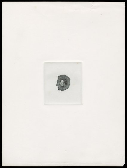 as Turner S-2-A, Lincoln engraved profile essay, with Lincoln head inserted in center, for 1870 snuff issue, engraved head design facing left, in black on India, die sunk on
extra-large full size card measuring 227x304mm, some minor edge flaws to