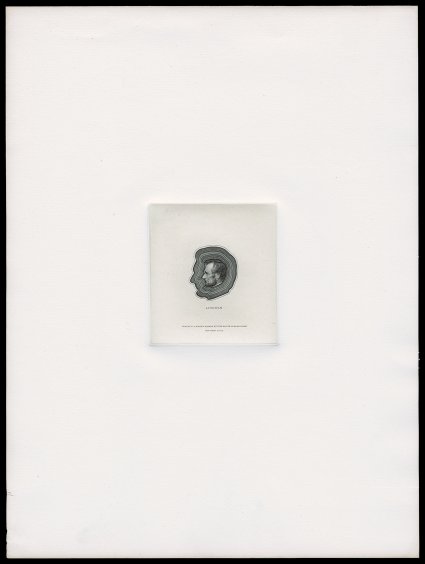 as Turner S-2-A, Lincoln engraved profile essay, with Lincoln head inserted in center, for 1870 snuff issue, engraved head design facing left, in black on India, die sunk on
extra-large full size card measuring 226x303mm, similar to previous larg