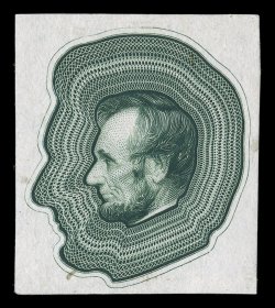 Turner S-2-A, Lincoln engraved profile essay, with Lincoln head inserted in center, for 1870 snuff issue, engraved head design facing left, in green on India paper measuring
29x33mm, very fine and rare used as illustration in Turner book.