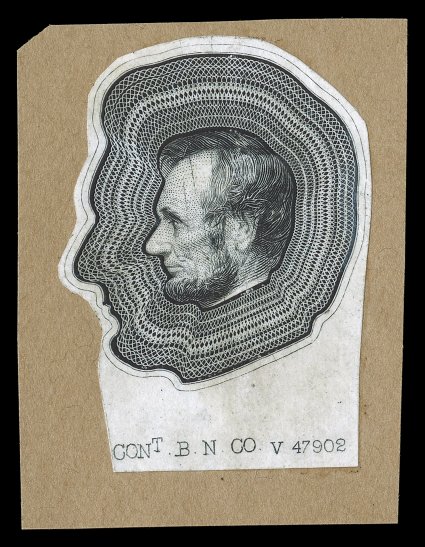 as Turner S-2-A, Lincoln engraved profile essay, with Lincoln head inserted in center, for 1870 snuff issue, engraved head design facing left, in black on India, cut mostly to
shape, with extra margin at bottom showing Cont. B. N. Co. imprint a