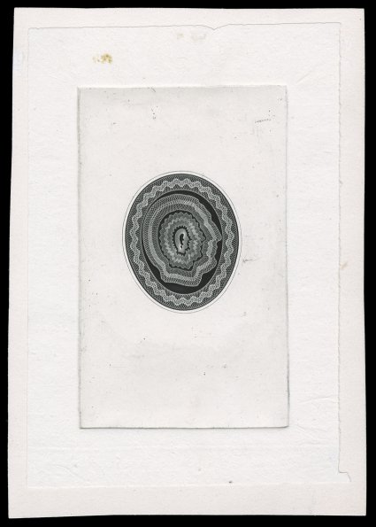 Turner S-3, Lincoln engraved profile essay for 1870 snuff issue, engraved head design facing right, in black on India paper, die sunk on card measuring 90x130mm, showing full
die sinkage, a very fine and extremely rare essay the central portion