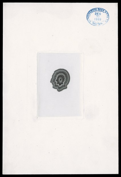as Turner Essay S-4, Lincoln engraved profile essay for 1870 snuff issue, engraved head design facing left, before Two Ounces and For Snuff imprints were added at top and
bottom, unlisted as such in Turner, in black on India paper, die sunk o