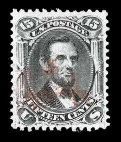 91, 15c Black, E grill, an absolutely gorgeous used example, being not only in exceptional overall condition, but is beautifully postmarked as well with a rare vivid red
cancellation, nearly perfectly centered within uncharacteristically l