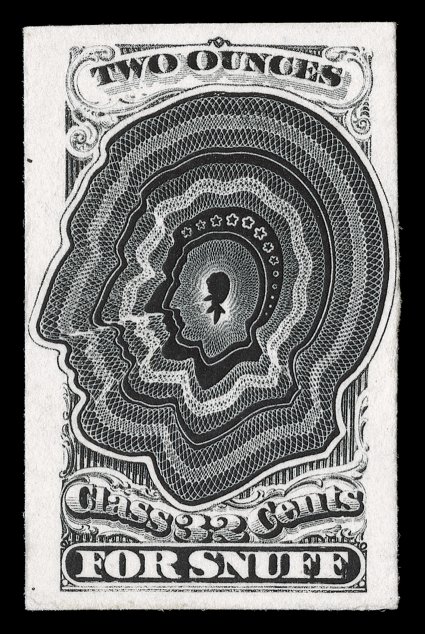 Turner Plate Proof S-5, Lincoln engraved profile completed Class 32 Cents design with thirteen stars, plate proof of 1870 snuff issue, in black on card, large margins, fresh
and very fine quite scarce.