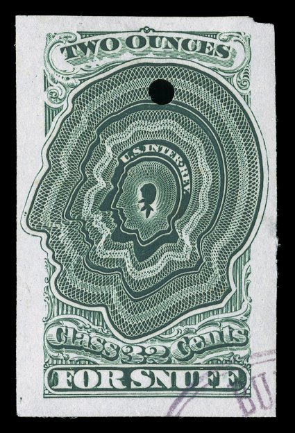 Turner Plate Proof S-6a, Lincoln engraved profile completed Class 32 Cents design with U.S. Inter. Rev. replacing stars, plate proof of 1870 snuff issue, in green on India
paper measuring 28x43mm, with small portion of BEP violet handstamp