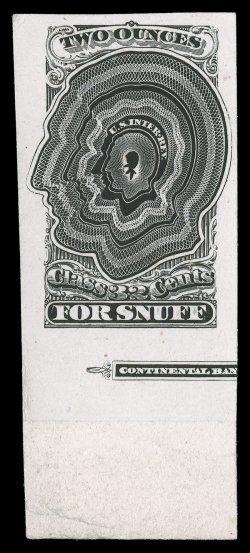 Turner Plate Proof S-6b, Lincoln engraved profile completed Class 32 Cents design with U.S. Inter. Rev. replacing stars, plate proof of 1870 snuff issue, in black on card, with
sizable portion of Continental Bank Note Co. imprint showing in e