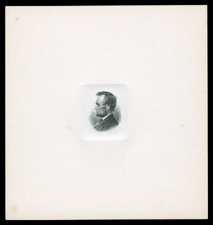 Lincoln head large die essay for the 1871-72 40 lb. Continental Bank Note Co. tobacco stamp, a spectacularly executed vignette essay die sunk directly on thick paper measuring
123x129mm, paper just faintly aged at edges, very fine and quite lik