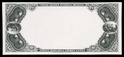 Turner Essays T-64T-75, 12 oz. to 40 lb. 1871-72 Continental Bank Note Co. tobacco stamp frame essays in black on India paper, six different essays, including the stunning 40
lb. frame featuring the Lincoln head vignette (see previous lot for j